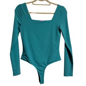 Mi Ami for Francesca's Teal Square Neck Long Sleeve Thong Bodysuit M
